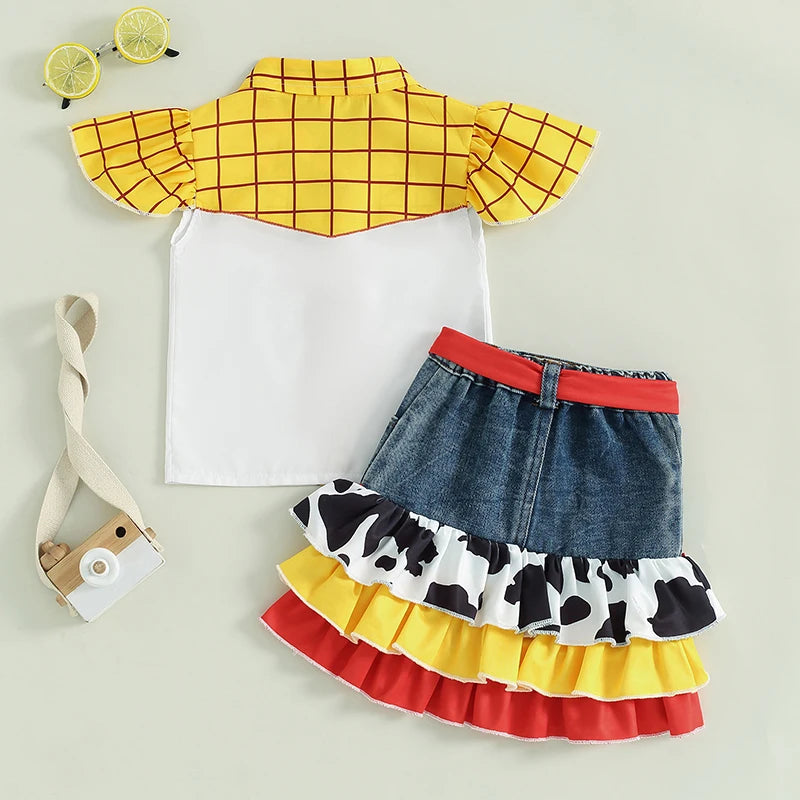 Plaid flutter-sleeve top paired with patchwork denim skirt for girls