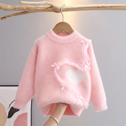 Purple ruffle knit sweater for girls, cozy autumn top