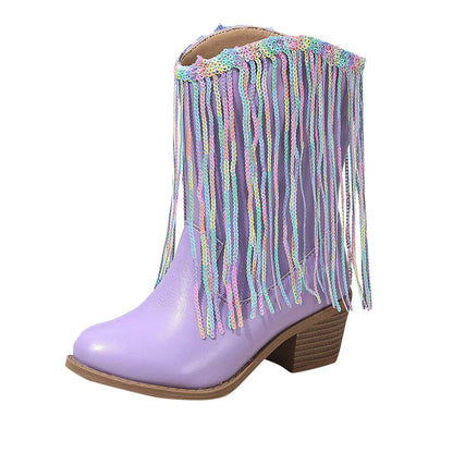 Mid-calf western boots with swinging tassel trim for little girls