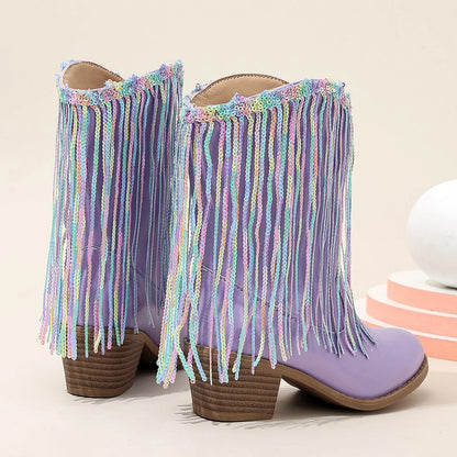 Almond-toe purple cowgirl boots with embroidery detail