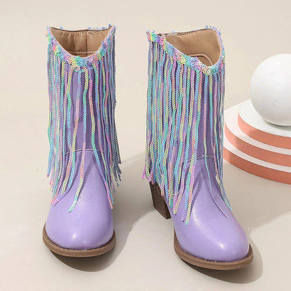 Side view of girls' western boots with decorative stitching