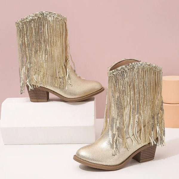Tassel Gold Charm Western Boots for girls by Magic Tree Kids with cowgirl-inspired design and golden tassel trim