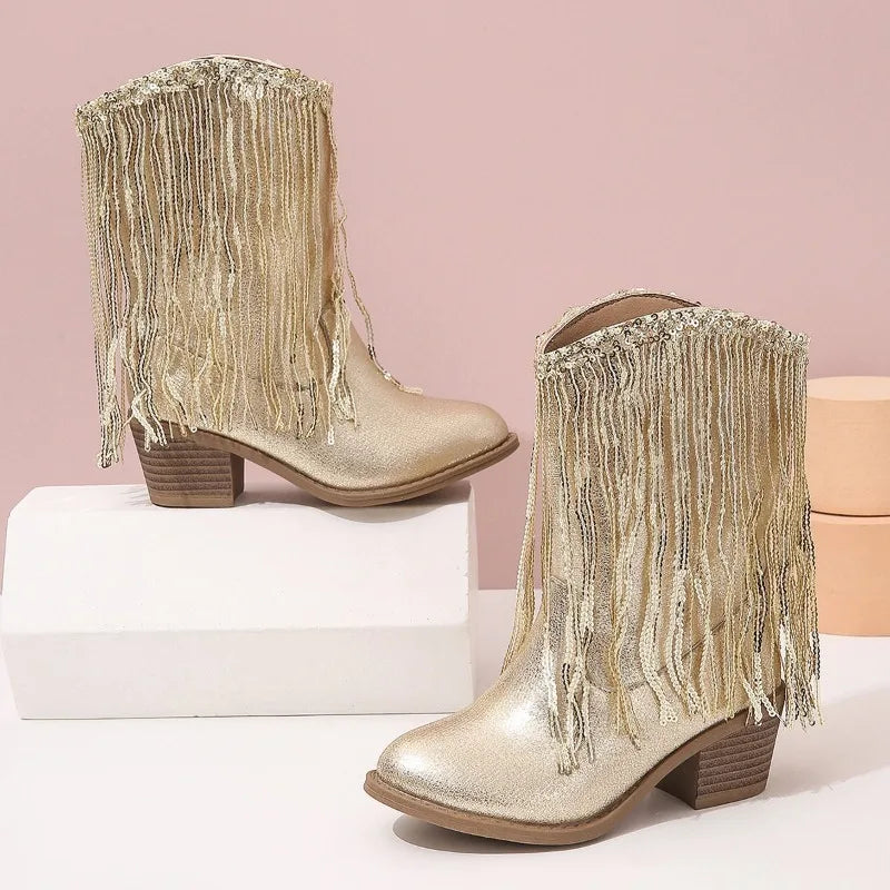 Tassel Gold Charm Western Boots for girls by Magic Tree Kids with cowgirl-inspired design and golden tassel trim