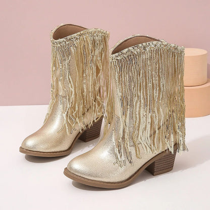 Mid-calf western cowgirl boots for girls with swingy tassels and rounded toe, side view