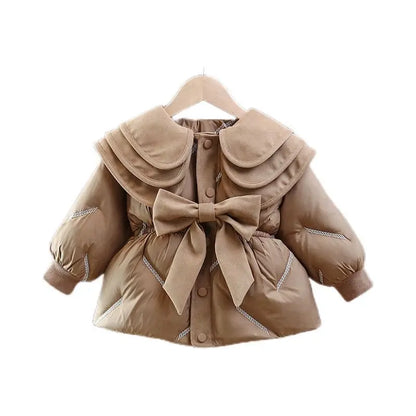 Camel toddler girl winter coat with bow and ruffle collar on white background