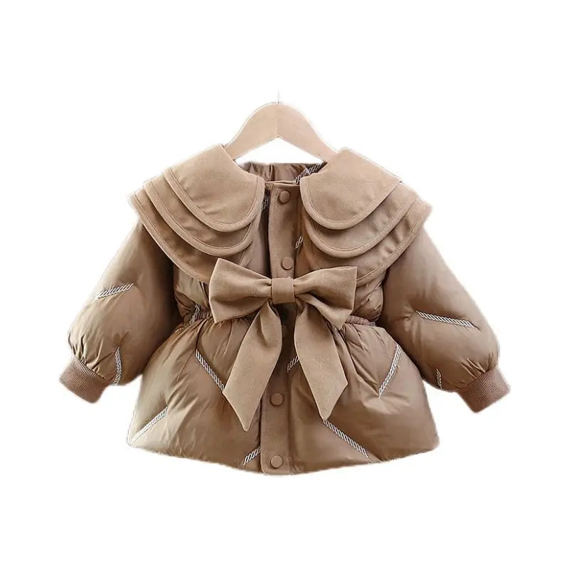 Camel toddler girl winter coat with bow and ruffle collar on white background
