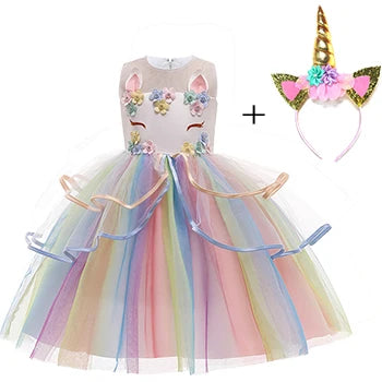 Rainbow floral unicorn dress detail for girls by Magic Tree Kids