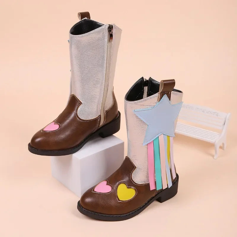 Mid-calf cowgirl boots for girls showing rounded toe and bohemian styling