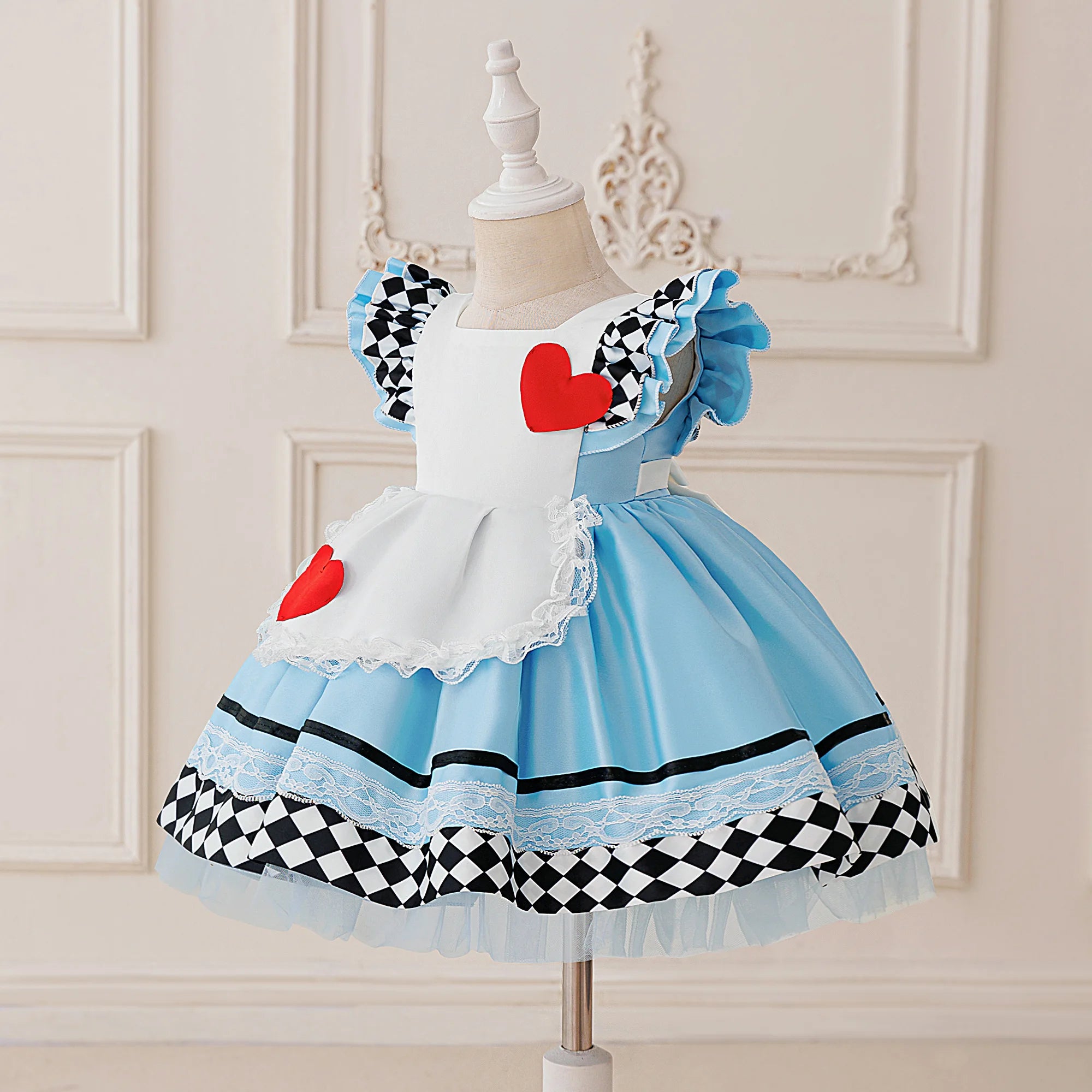 Powder-blue pleated ball-gown dress with lace trim and floral print