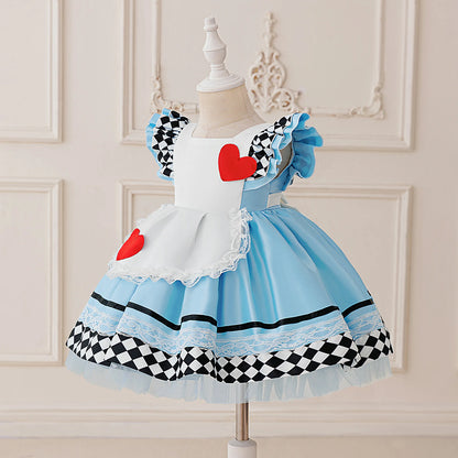 Powder-blue pleated ball-gown dress with lace trim and floral print