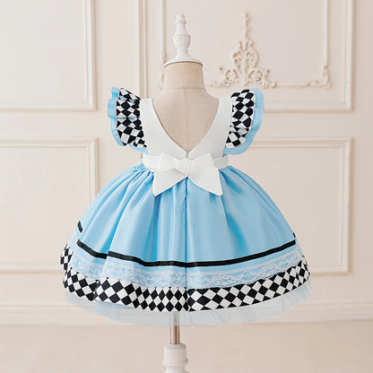 Girls' blue storybook party dress with short sleeves and full skirt